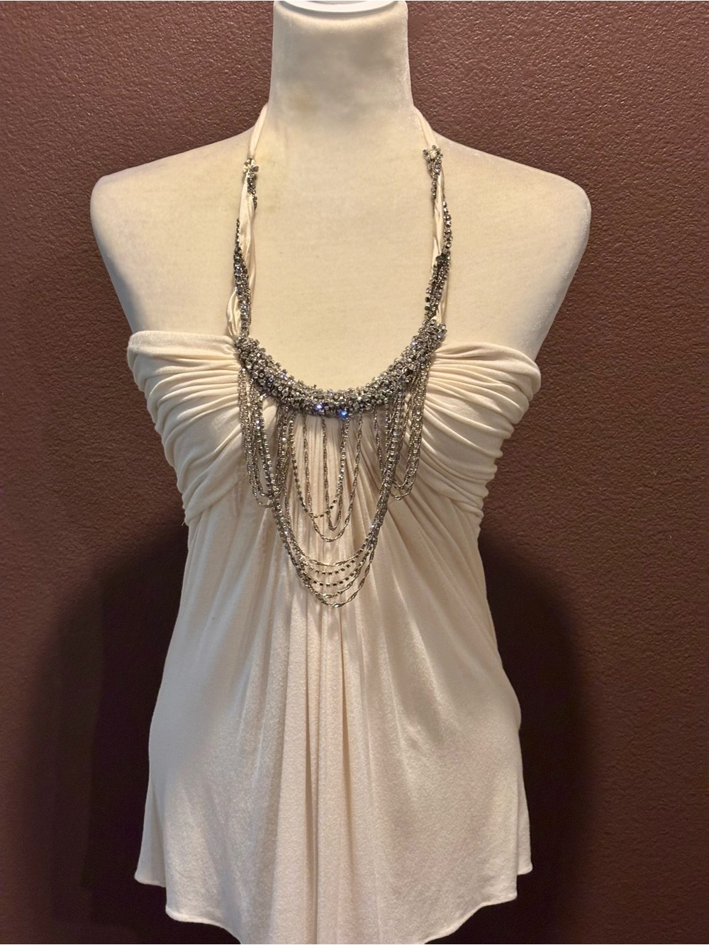 Cream Glamorously Jeweled,Sleeveless Gathered-Front Camisole - Picture 2 of 6